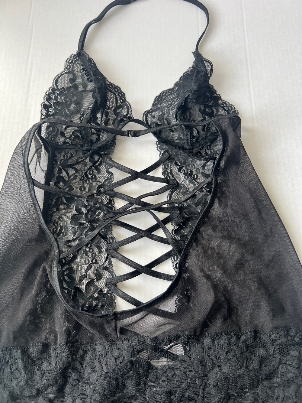 Frederick's of Hollywood Black Lace Halter Chemise with Crisscross Front - Picture 4 of 6